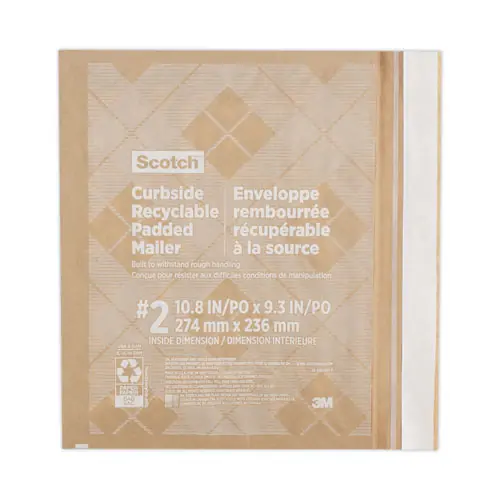 Scotch™ Curbside Recyclable Padded Mailer, #2, Bubble Cushion, Self-Adhesive Closure, 11.25 x 12, Natural Kraft
