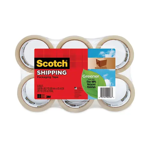Scotch® Greener Commercial Grade Packaging Tape, Clear, 1.88" x 49.2 yds, 6 Rolls, 3" Core