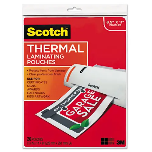 Scotch™ Laminating Pouches, 3 mil, 9" x 11.5", Gloss Clear, 20/Pack
