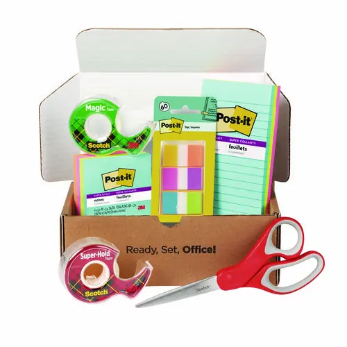 Scotch™ Office Essentials Kit with 7 Pads Assorted Super Sticky Notes, Flags, Magic Tape, Super-Hold Tape, and Scissors