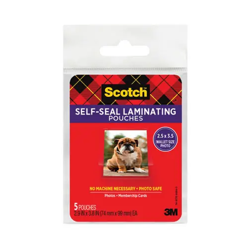 Scotch™ Self-Sealing Laminating Pouches, 9.5 mil, 2.81" x 3.75", Gloss Clear, 5/Pack