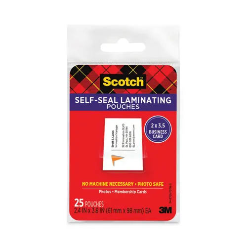 Scotch™ Self-Sealing Laminating Pouches, 9.5 mil, 3.88" x 2.44", Gloss Clear, 25/Pack