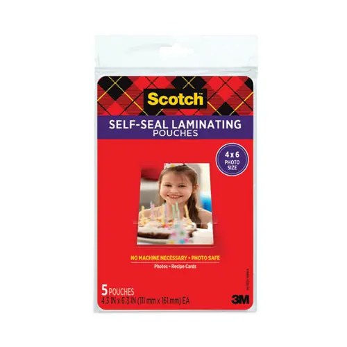Scotch™ Self-Sealing Laminating Pouches, 9.5 mil, 4.38" x 6.38", Gloss Clear, 5/Pack