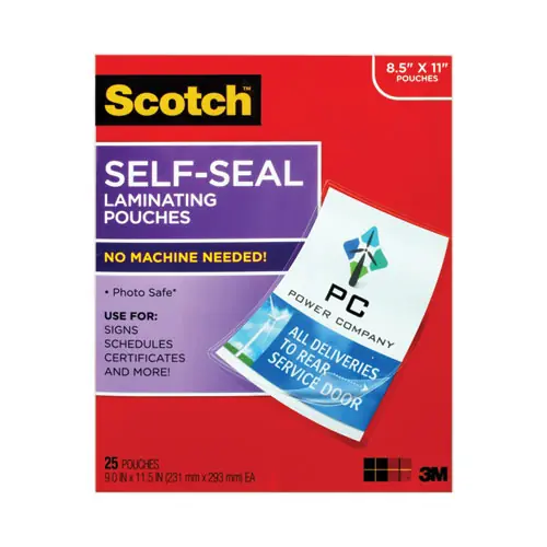 Scotch™ Self-Sealing Laminating Pouches, 9.5 mil, 9" x 11.5", Gloss Clear, 25/Pack