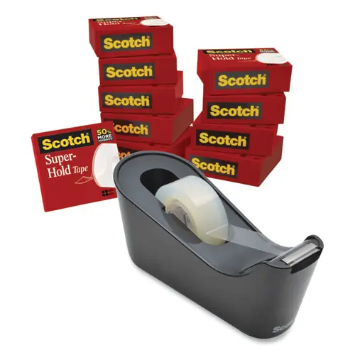Scotch® Super-Hold Tape with Dispenser, Clear, 10 Rolls and 1 Dispenser, 1" Core, 0.75" x 27.77 yds