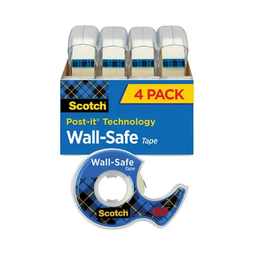 Scotch® Wall-Safe Tape with Dispenser, Clear, 0.75" x 54.17 ft, 1" Core, 4/Pack