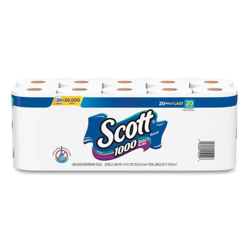 Scott® 1000 Bathroom Tissue, Septic Safe, 1-Ply, White, 1,000 Sheets per Roll, 20 Rolls per Pack
