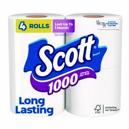Scott® 1000 Bathroom Tissue, Septic Safe, 1-Ply, White, 1,000 Sheets/Roll, 4 Rolls/Pack, 12 Packs/Carton