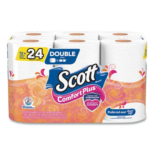 Scott® ComfortPlus Toilet Paper, Double Roll, 1-Ply, White, 231 Sheets per Roll, 12 Rolls per Pack, 4 Packs per Carton