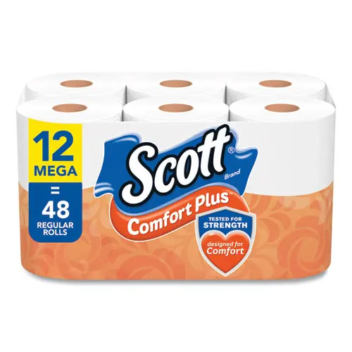 Scott® ComfortPlus Toilet Paper, Mega Roll, 1-Ply, White, 12 Rolls/Pack