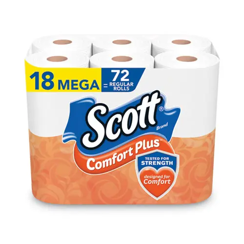 Scott® ComfortPlus Toilet Paper, Mega Roll, Septic Safe, 1-Ply, White, 425 Sheets per Roll, 18 Rolls per Pack