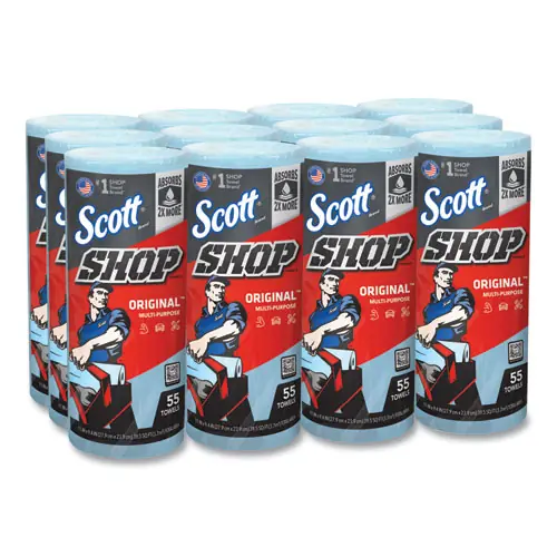 Scott® Shop Towels, Standard Roll, Blue, 55 Towels/Roll, 12 Rolls/Carton