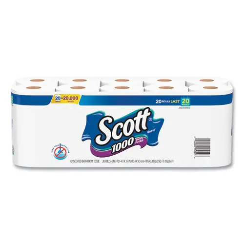 Scott® Standard Roll Bathroom Tissue, 1-Ply, White, 1,000 Sheets/Roll, 20 Rolls/Pack, 2 Packs/Carton