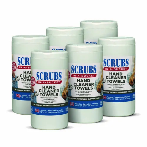 SCRUBS® Hand Cleaner Towels, 1-Ply, 10 x 12, Citrus, Blue/White, 30/Canister, 6/Carton