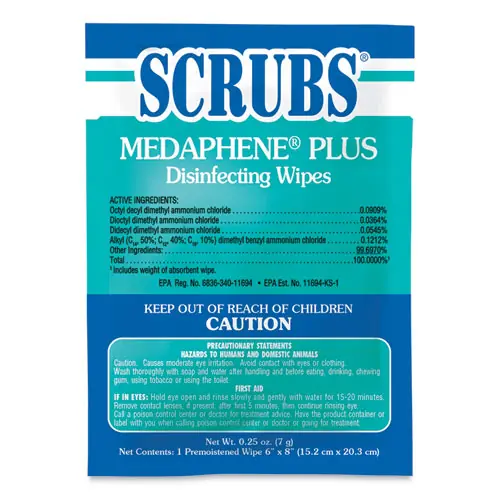 SCRUBS® MEDAPHENE Plus Disinfectant Wet Wipes, 6" x 8", Citrus, White, 100 Individually Wrapped Wipes/Carton