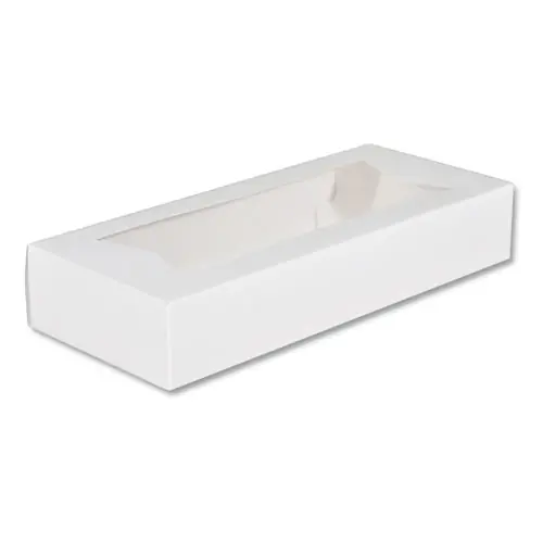 SCT® White Window Bakery Boxes with Attached Flip Top, 12.5" x 5.5" x 2.25", 4-Corner Beers Design, White, Paperboard, 200/Carton (Extended Delivery Time)