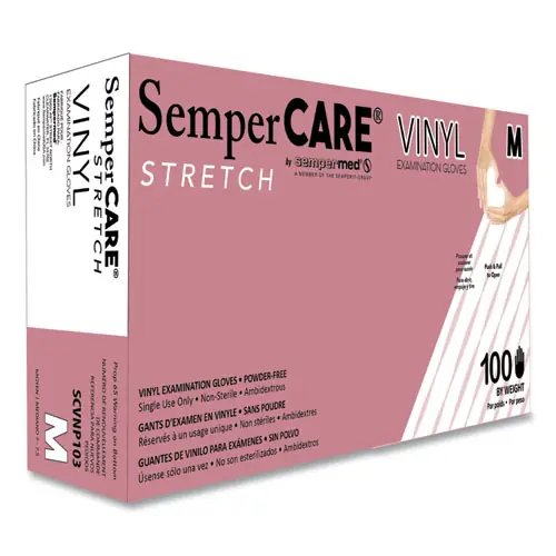 SemperCare® Stretch Vinyl Examination Gloves, Medium, Cream, 100/Box