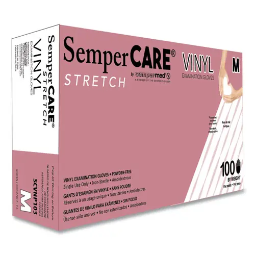 SemperCare® Stretch Vinyl Examination Gloves, Cream, Medium, 100/Box, 10 Boxes/Carton