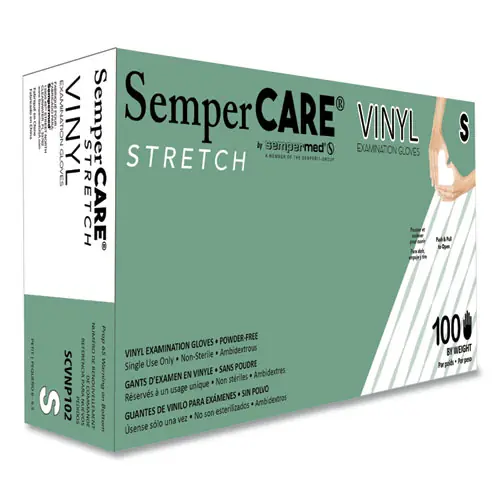 SemperCare® Stretch Vinyl Examination Gloves, Small, Cream, 100/Box