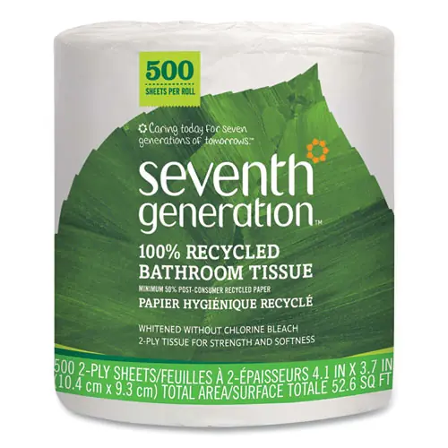 Seventh Generation® 100% Recycled Bathroom Tissue, Septic Safe, Individually Wrapped Rolls, 2-Ply, White, 500 Sheets/Jumbo Roll, 60/Carton