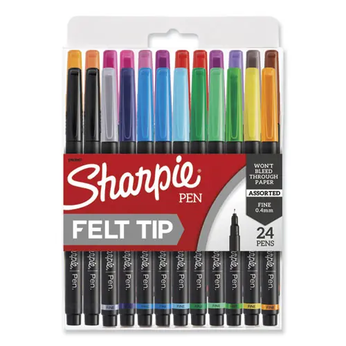 Sharpie® Art Pen, Fine 0.4 mm, Assorted Ink Colors, Black Barrel, 24/Pack