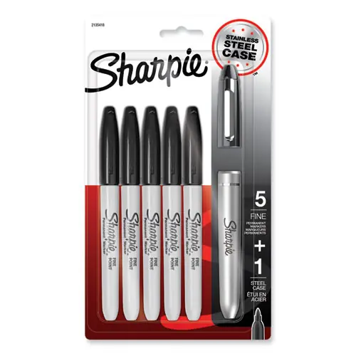 Sharpie® Fine Tip Permanent Marker, Stainless Steel Case, Fine Bullet Tip, Black, 5/Pack