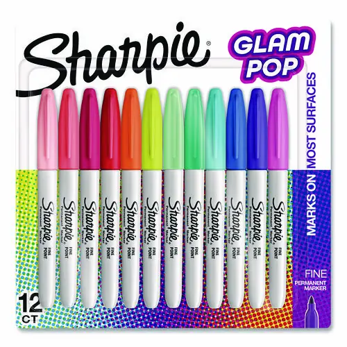 Sharpie® Glam Pop Permanent Markers, Fine Bullet Tip, Assorted Colors, 12/Pack