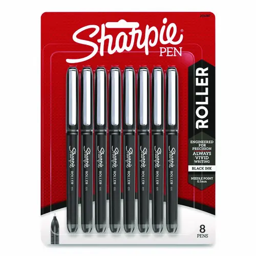 Sharpie® Roller Professional Design Rollerball Pen, Fine 0.5 mm, Black Ink, Black Barrel, 8/Pack
