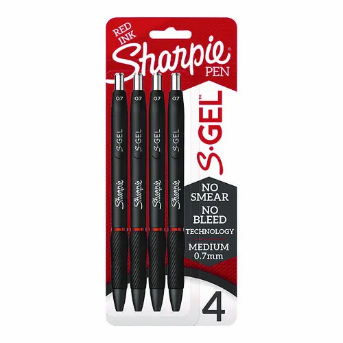 Sharpie® S-Gel™ Retractable Gel Pen, Medium 0.7 mm, Red Ink, Black Barrel, 4/Pack