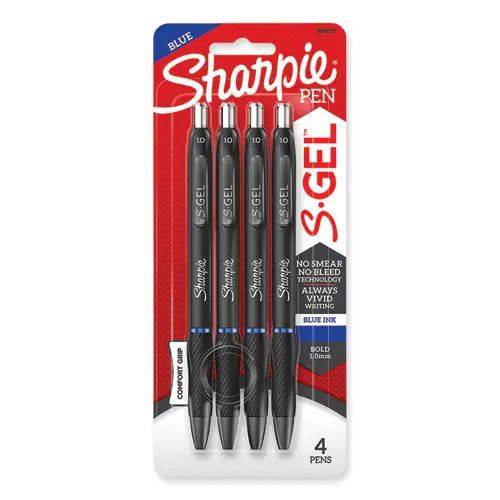 Sharpie® S-Gel™ High-Performance Gel Pen, Retractable, Bold 1 mm Tip, Blue Ink, Black Barrel, Pack of 4