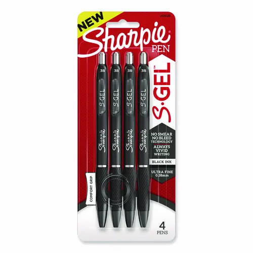Sharpie® S-Gel™ High-Performance Gel Pen, Retractable, Extra-Fine 0.38 mm, Black Ink, Black Barrel, 4/Pack