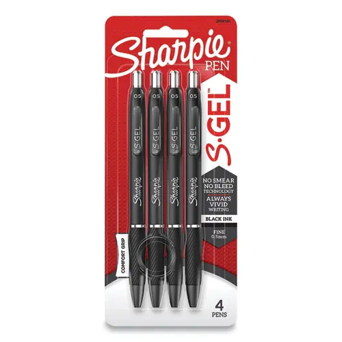 Sharpie® S-Gel™ High-Performance Gel Pen, Retractable, Fine 0.5 mm, Black Ink, Black Barrel, 4/Pack