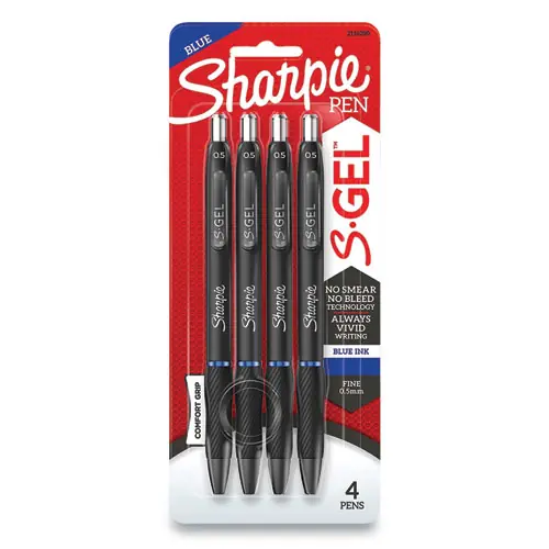 Sharpie® S-Gel™ High-Performance Retractable Gel Pen, Fine 0.5 mm, Blue Ink, Black Barrel, 4/Pack