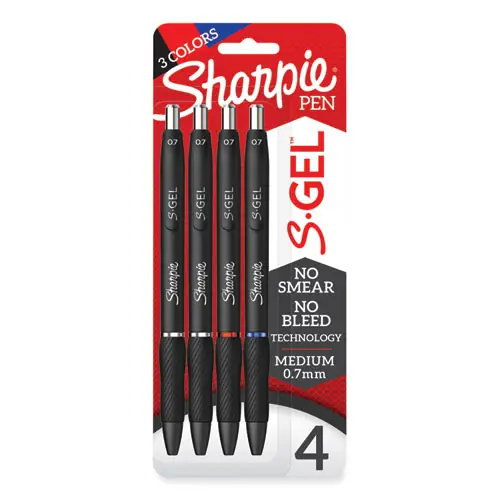 Sharpie® S-Gel™ High-Performance Gel Pens, Retractable, Medium Point (0.7 mm), Assorted Ink Colors, Black Barrel, 4 Pack