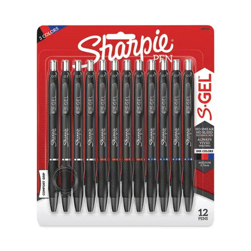 Sharpie® S-Gel™ High-Performance Retractable Gel Pen, Medium Point (0.7 mm), Assorted Ink Colors, Black Barrel, Dozen