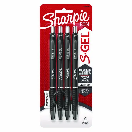 Sharpie® S-Gel™ High-Performance Gel Pen, Retractable, Medium 0.7 mm, Black Ink, Black Barrel, 4/Pack