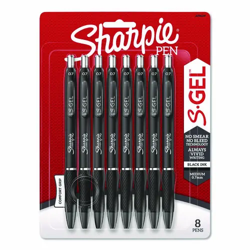 Sharpie® S-Gel™ High-Performance Gel Pen, Retractable, Medium 0.7 mm, Black Ink, Black Barrel, Pack of 8