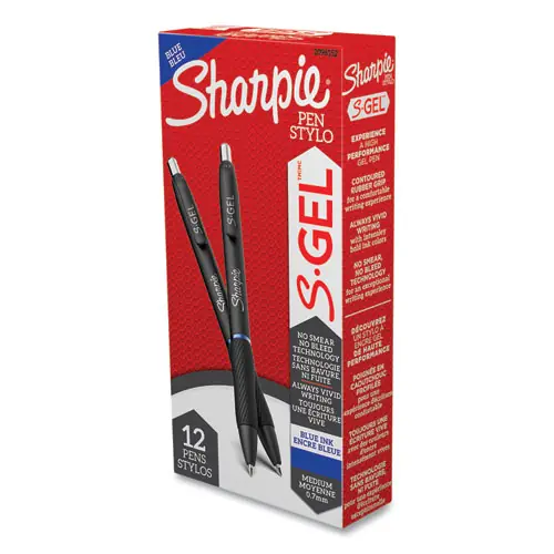 Sharpie® S-Gel™ High-Performance Gel Pen, Retractable, Medium Point, 0.7 mm, Blue Ink, Black Barrel, Dozen