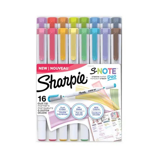 Sharpie® S-Note Creative Markers, Assorted Ink Colors, Bullet/Chisel Tip, White Barrel, 16/Pack