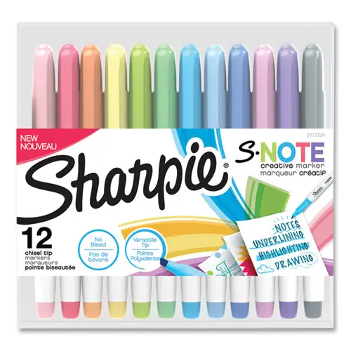 Sharpie® S-Note Creative Markers, Assorted Ink Colors, Chisel Tip, Assorted Barrel Colors, 12/Pack
