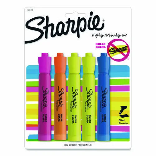 Sharpie® Tank Style Highlighters, Assorted Ink Colors, Chisel Tip, Assorted Barrel Colors, 5/Pack