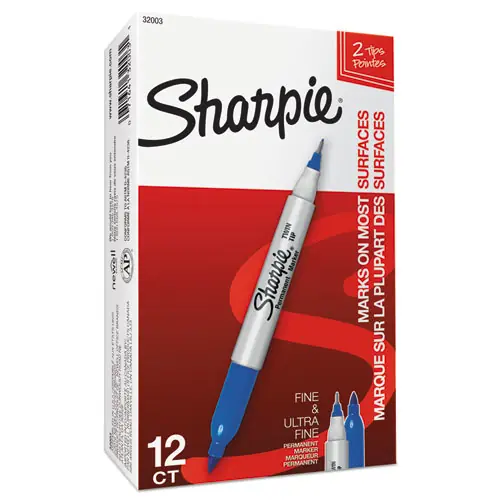 Sharpie® Twin-Tip Permanent Marker, Extra-Fine/Fine Bullet Tips, Blue, Dozen