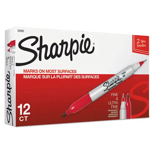 Sharpie® Twin-Tip Permanent Marker, Extra-Fine/Fine Bullet Tips, Red, Dozen