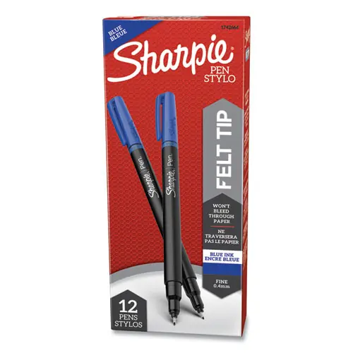Sharpie® Water-Resistant Ink Porous Point Pen, Fine 0.4 mm, Blue Ink, Black/Blue Barrel, Dozen