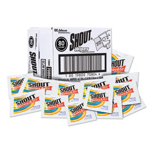 Shout® Wipe and Go Instant Stain Remover, 4.7 x 5.9, Unscented, White, 80 Packets/Carton