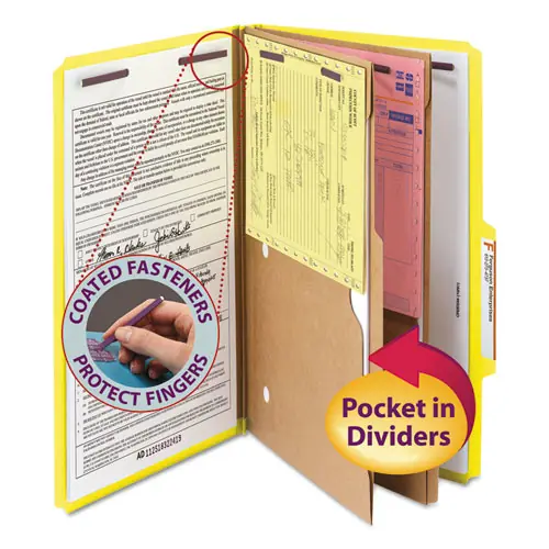 Smead 6-Section Pressboard Top Tab Pocket Classification Folders, Legal Size, Yellow, 10/Box