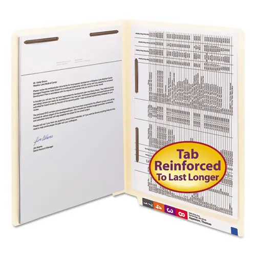 Smead End Tab Fastener Folders with Reinforced Straight Tabs, 11-pt Manila, 2 Fasteners: Top/Side, Letter Size, Manila, 50/Box