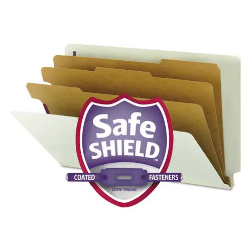 Smead End Tab Pressboard Classification Folders with SafeSHIELD Fasteners, Legal Size, 3" Expansion, 3 Dividers, Gray-Green, Box of 10