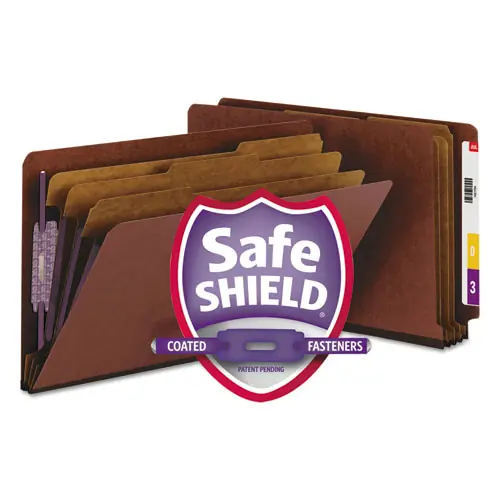 Smead End Tab Pressboard Classification Folders, Eight SafeSHIELD Fasteners, 3" Expansion, 3 Dividers, Legal Size, Red, 10/Box