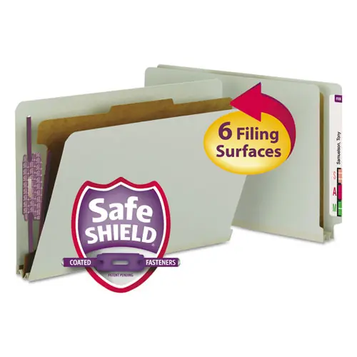 Smead End Tab Pressboard Classification Folders, Four SafeSHIELD Fasteners, 2" Expansion, 1 Divider, Legal Size, Gray-Green, 10/Box